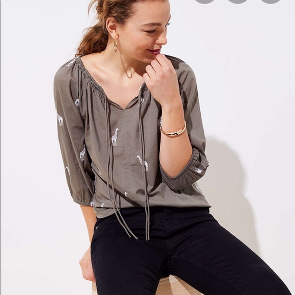 LOFT Tops - Embroidered Giraffe Tie Neck Blouse